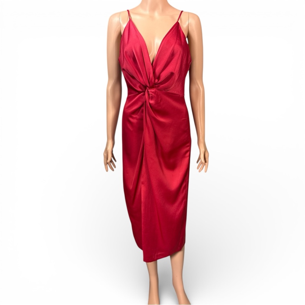 Taylor Red Sleek Satin Knot Front Midi Dress V-Neck Spaghetti Strap – Size 8